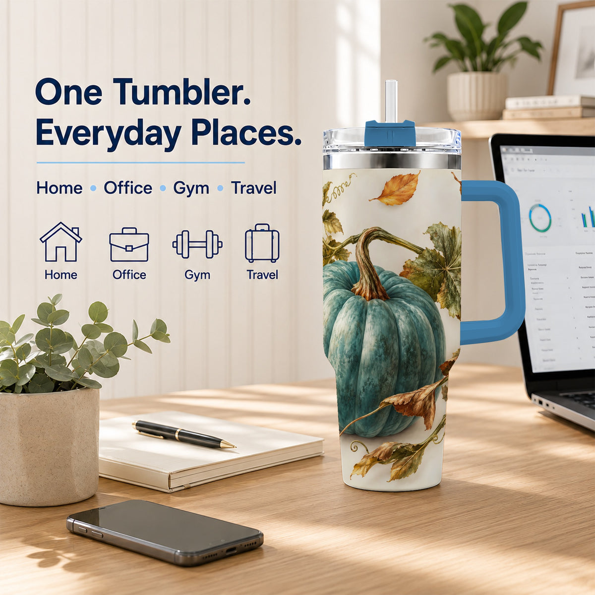 #pl[40oz|Blue] Painterly Pumpkin 40oz Tumbler with Handle, Fall Stainless Steel Travel Cup