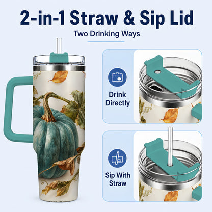 #pl[40oz|Green] Painterly Pumpkin 40oz Tumbler with Handle, Fall Stainless Steel Travel Cup