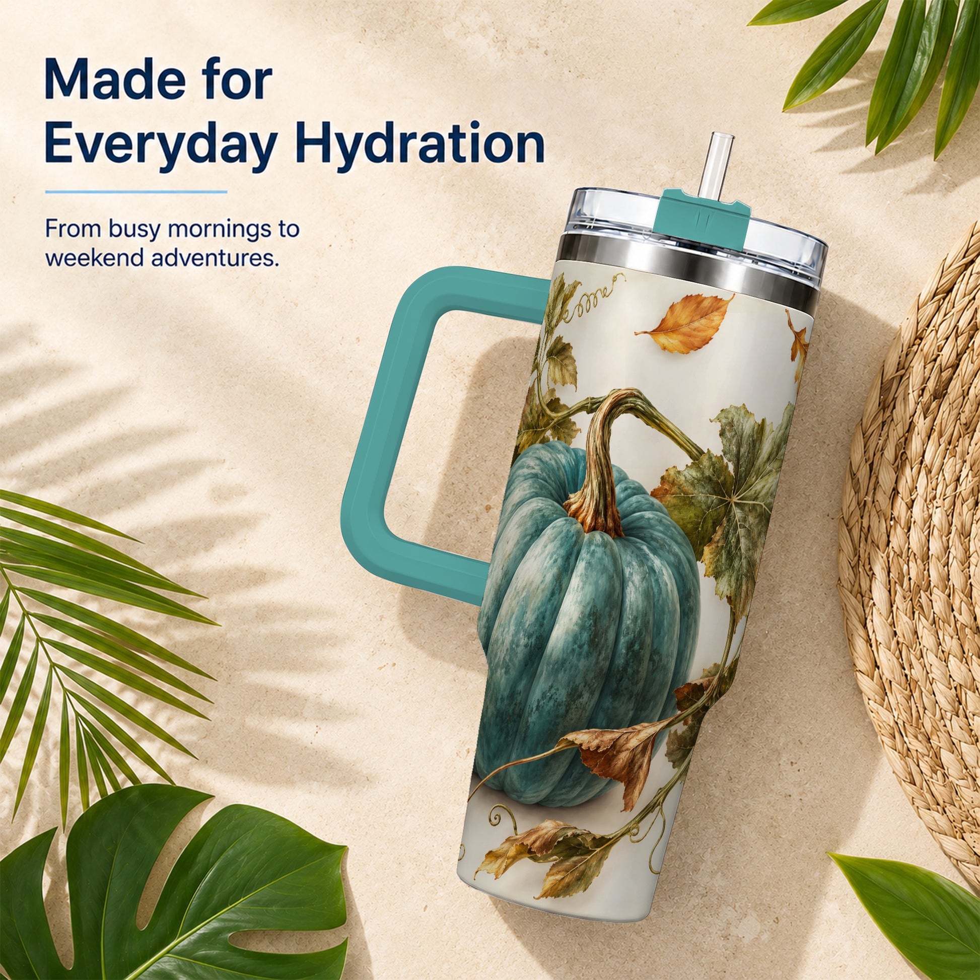 #pl[40oz|Green] Painterly Pumpkin 40oz Tumbler with Handle, Fall Stainless Steel Travel Cup