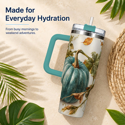 #pl[40oz|Green] Painterly Pumpkin 40oz Tumbler with Handle, Fall Stainless Steel Travel Cup