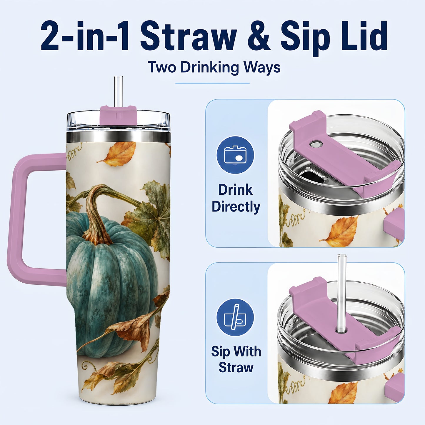 #pl[40oz|Pink] Painterly Pumpkin 40oz Tumbler with Handle, Fall Stainless Steel Travel Cup