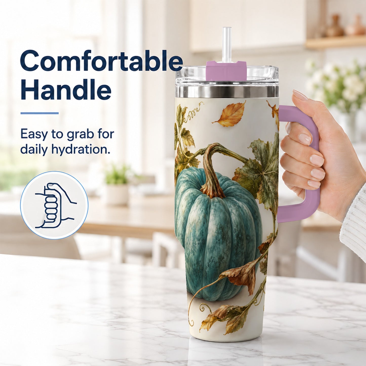 #pl[40oz|Pink] Painterly Pumpkin 40oz Tumbler with Handle, Fall Stainless Steel Travel Cup