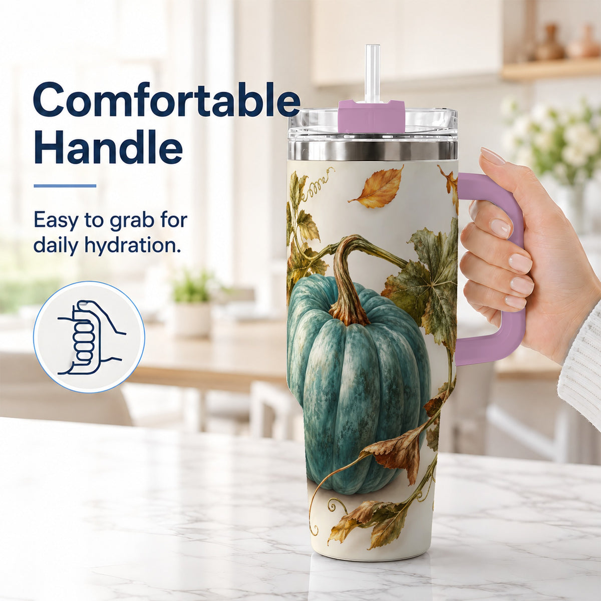 #pl[40oz|Pink] Painterly Pumpkin 40oz Tumbler with Handle, Fall Stainless Steel Travel Cup