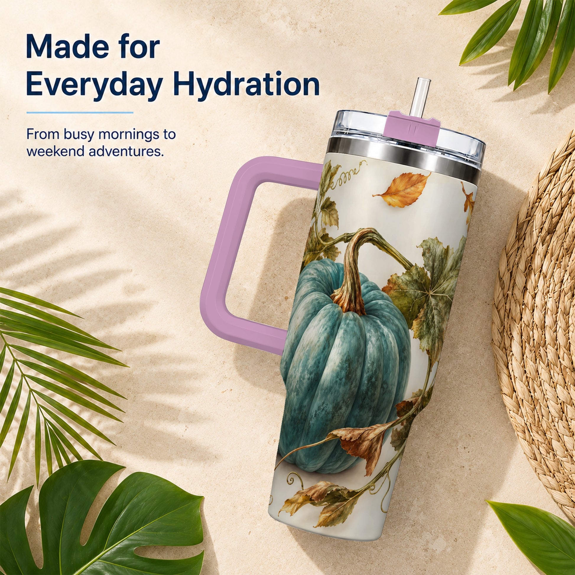 #pl[40oz|Pink] Painterly Pumpkin 40oz Tumbler with Handle, Fall Stainless Steel Travel Cup