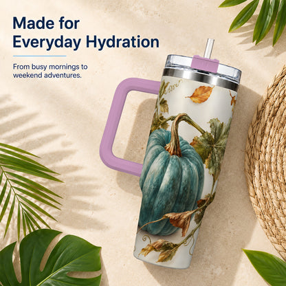 #pl[40oz|Pink] Painterly Pumpkin 40oz Tumbler with Handle, Fall Stainless Steel Travel Cup