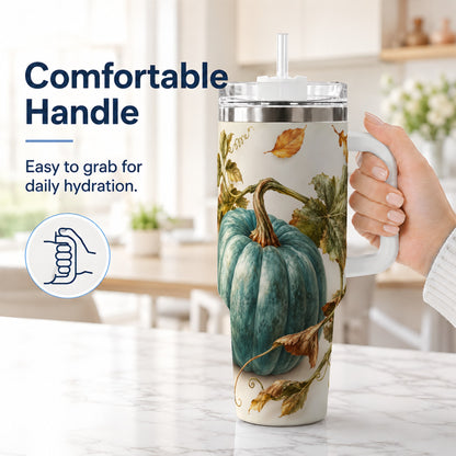 #pl[40oz|White] Painterly Pumpkin 40oz Tumbler with Handle, Fall Stainless Steel Travel Cup