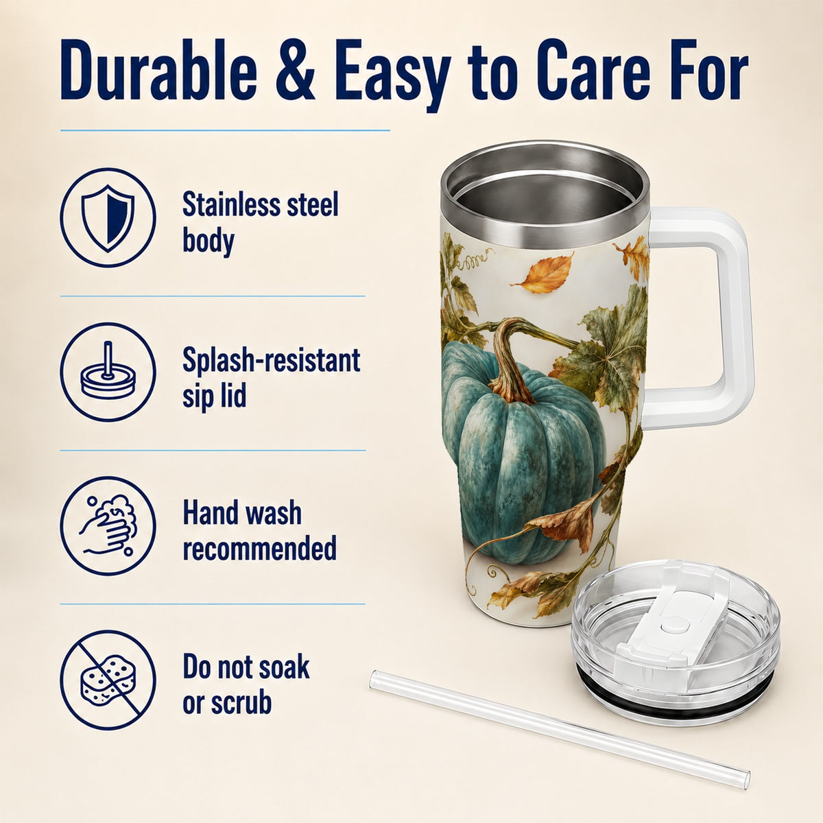 #pl[40oz|White] Painterly Pumpkin 40oz Tumbler with Handle, Fall Stainless Steel Travel Cup