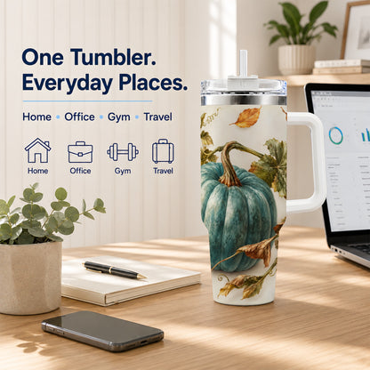 #pl[40oz|White] Painterly Pumpkin 40oz Tumbler with Handle, Fall Stainless Steel Travel Cup
