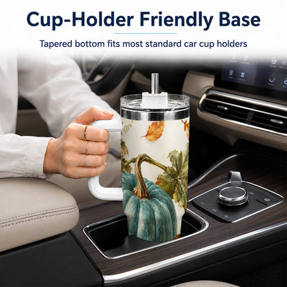 #pl[40oz|White] Painterly Pumpkin 40oz Tumbler with Handle, Fall Stainless Steel Travel Cup