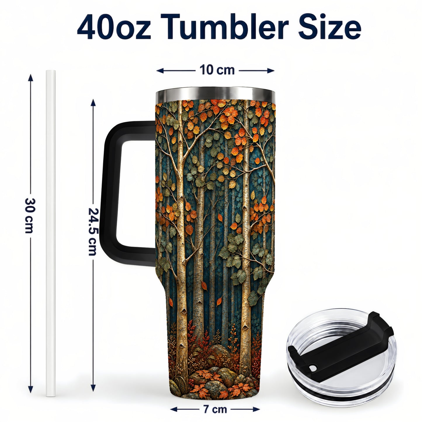 #pl[40oz|Black] Autumn Birch Forest 40oz Tumbler with Handle, Fall Travel Cup