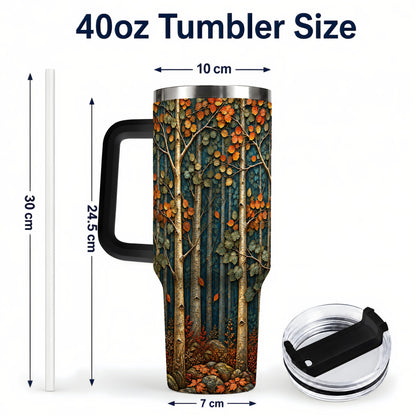 #pl[40oz|Black] Autumn Birch Forest 40oz Tumbler with Handle, Fall Travel Cup