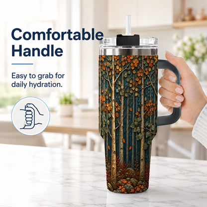#pl[40oz|Black] Autumn Birch Forest 40oz Tumbler with Handle, Fall Travel Cup