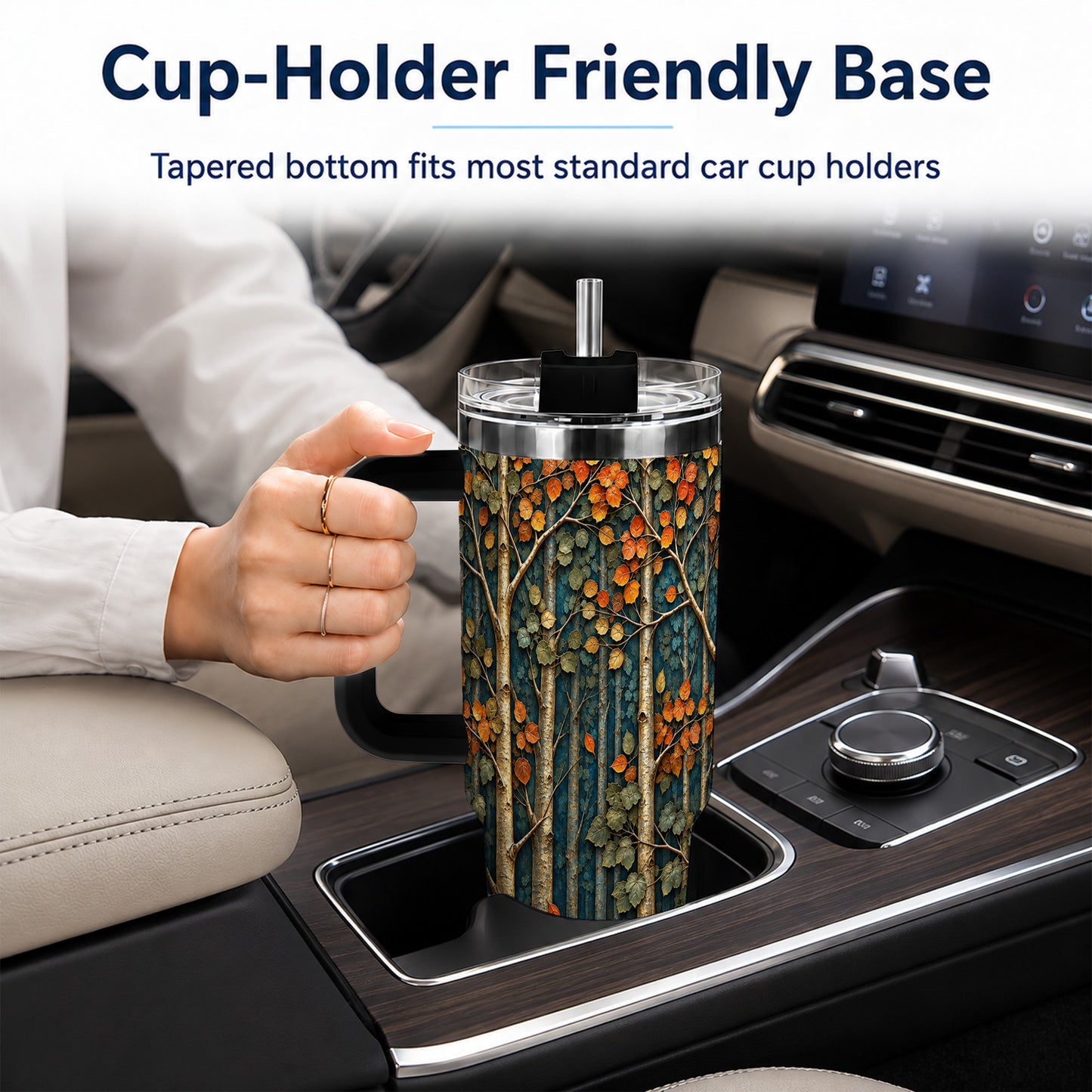 #pl[40oz|Black] Autumn Birch Forest 40oz Tumbler with Handle, Fall Travel Cup