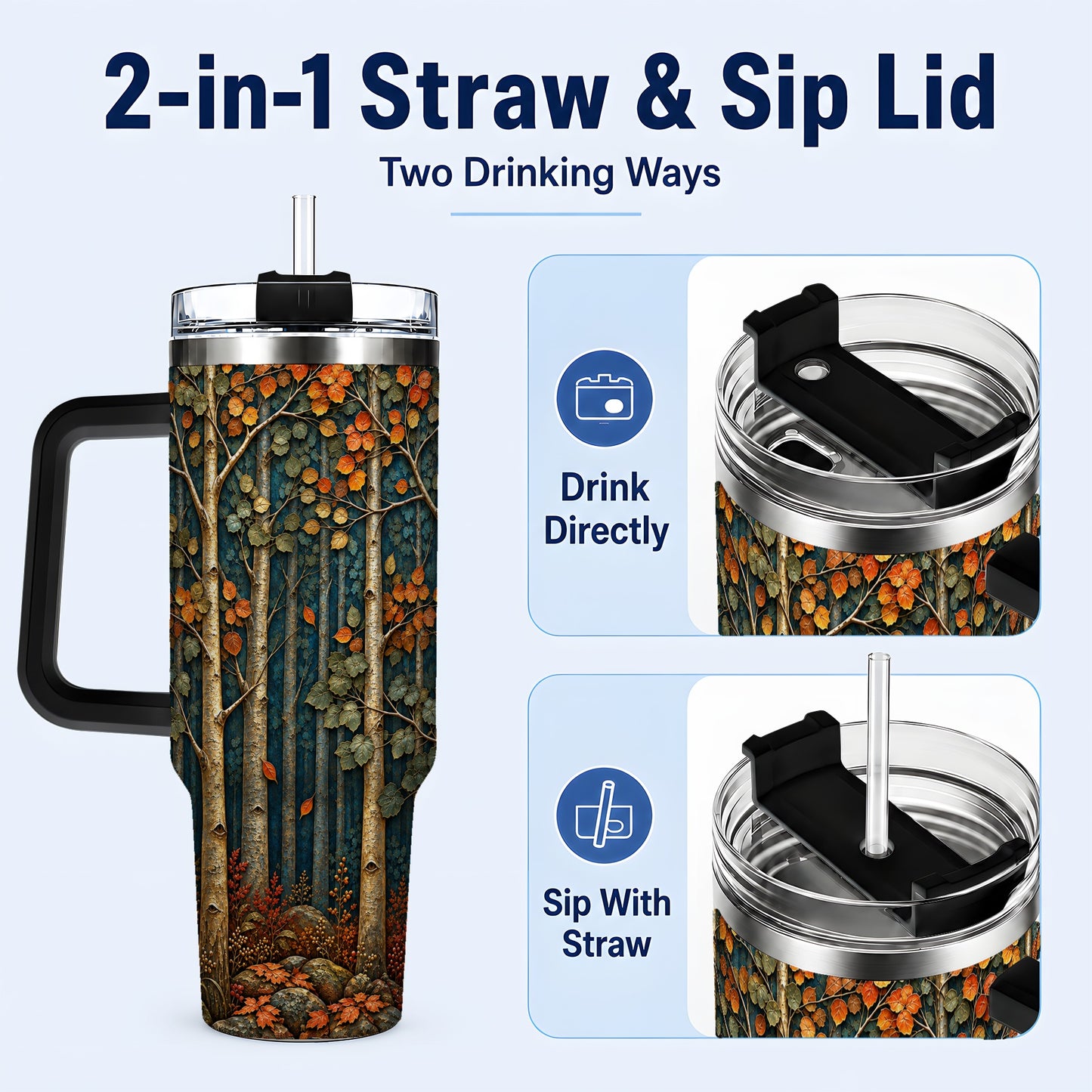 #pl[40oz|Black] Autumn Birch Forest 40oz Tumbler with Handle, Fall Travel Cup