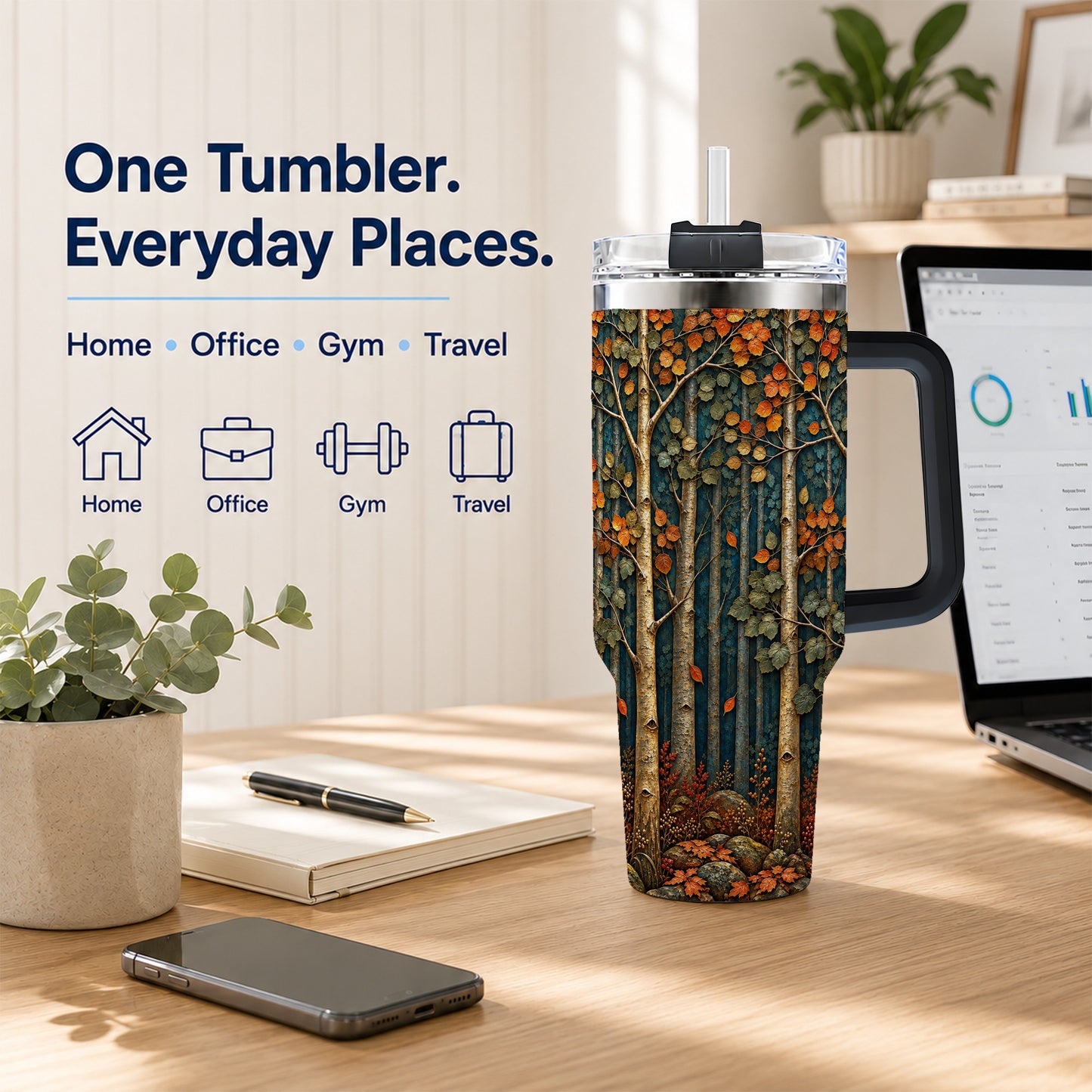 #pl[40oz|Black] Autumn Birch Forest 40oz Tumbler with Handle, Fall Travel Cup