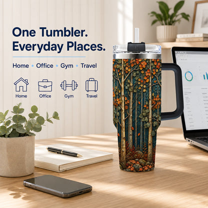 #pl[40oz|Black] Autumn Birch Forest 40oz Tumbler with Handle, Fall Travel Cup