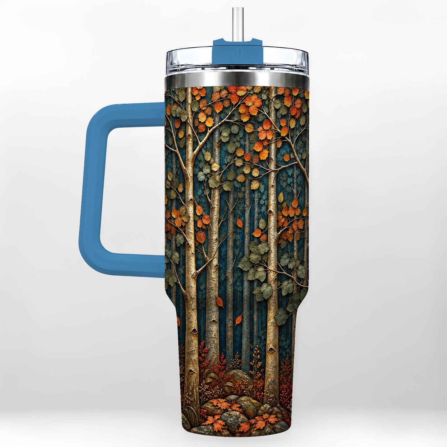 #pl[40oz|Blue] Autumn Birch Forest 40oz Tumbler with Handle, Fall Travel Cup