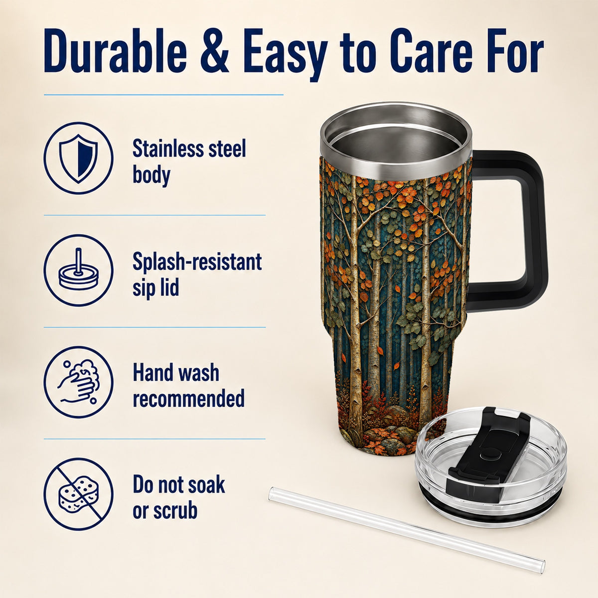 #pl[40oz|Black] Autumn Birch Forest 40oz Tumbler with Handle, Fall Travel Cup