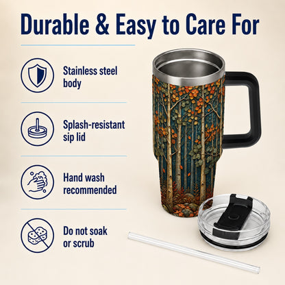 #pl[40oz|Black] Autumn Birch Forest 40oz Tumbler with Handle, Fall Travel Cup