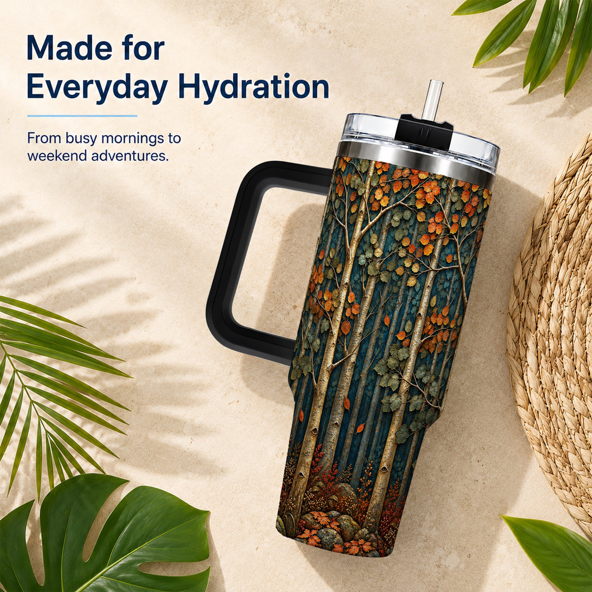 #pl[40oz|Black] Autumn Birch Forest 40oz Tumbler with Handle, Fall Travel Cup