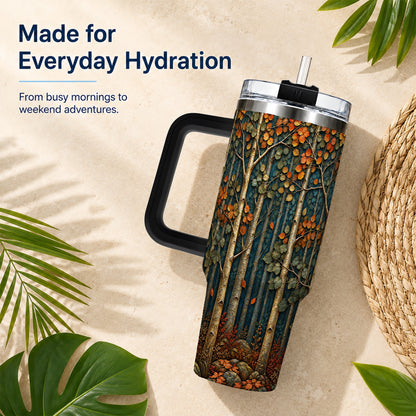 #pl[40oz|Black] Autumn Birch Forest 40oz Tumbler with Handle, Fall Travel Cup