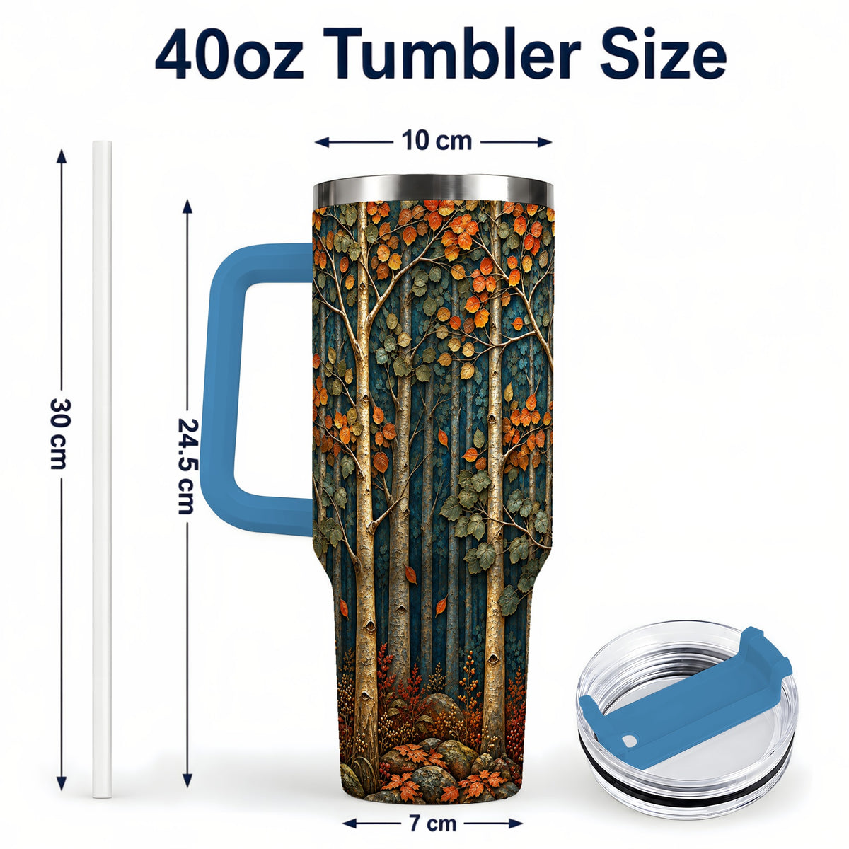 #pl[40oz|Blue] Autumn Birch Forest 40oz Tumbler with Handle, Fall Travel Cup