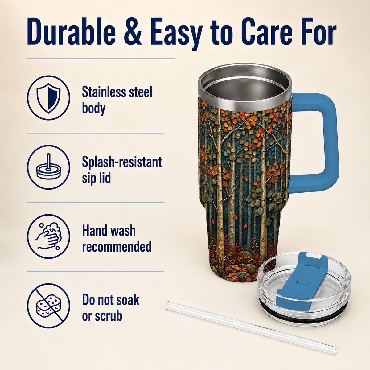 #pl[40oz|Blue] Autumn Birch Forest 40oz Tumbler with Handle, Fall Travel Cup