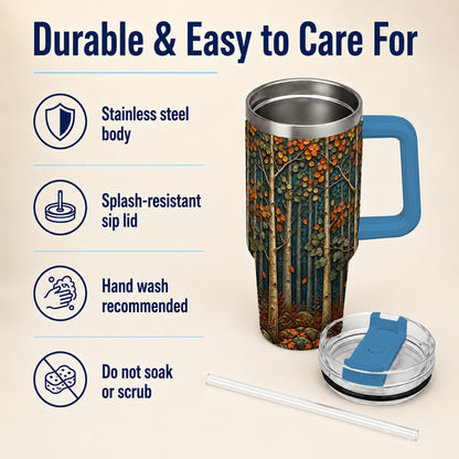#pl[40oz|Blue] Autumn Birch Forest 40oz Tumbler with Handle, Fall Travel Cup