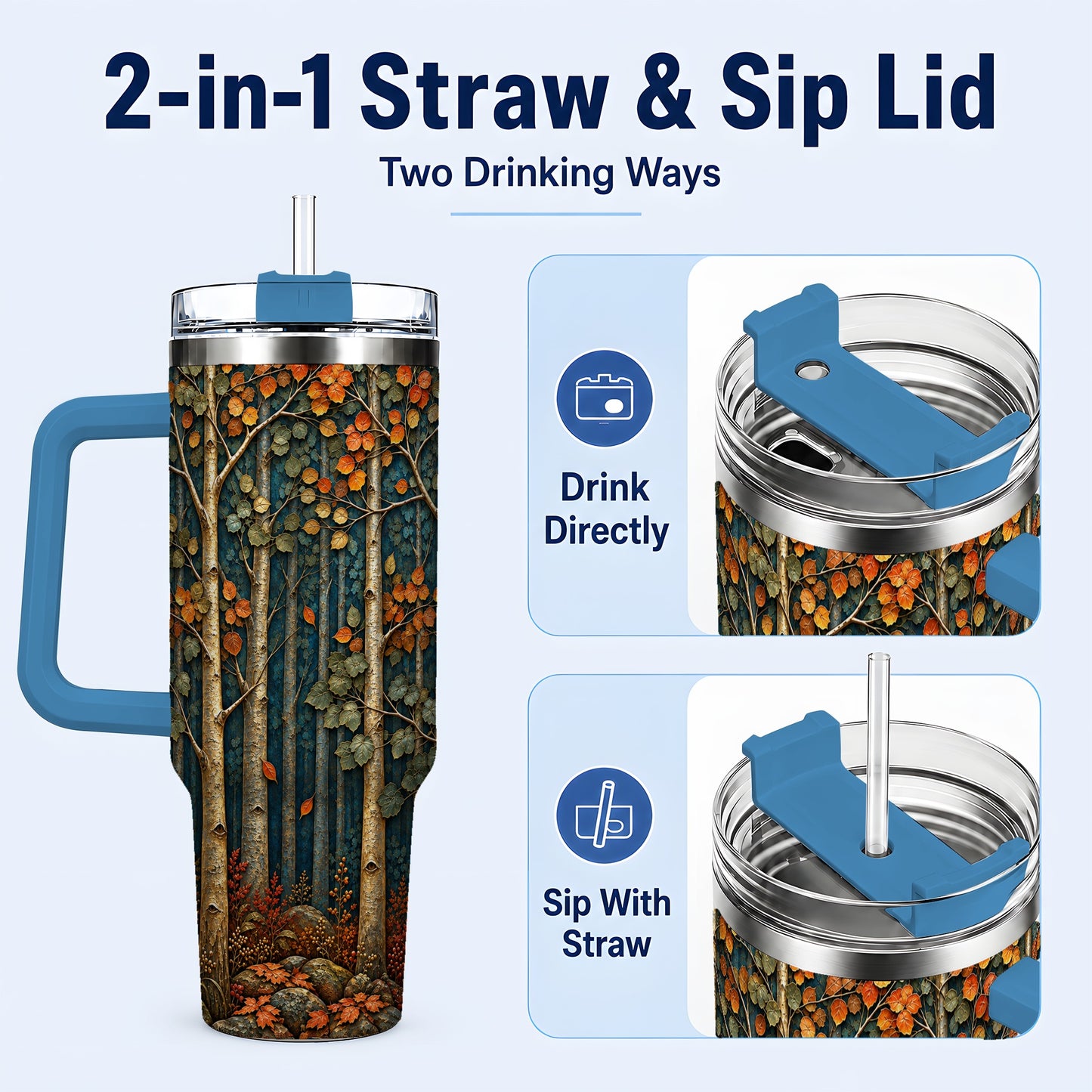 #pl[40oz|Blue] Autumn Birch Forest 40oz Tumbler with Handle, Fall Travel Cup