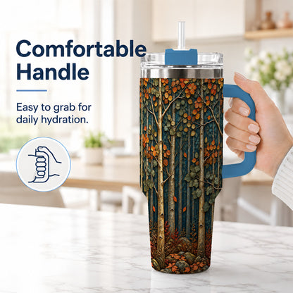 #pl[40oz|Blue] Autumn Birch Forest 40oz Tumbler with Handle, Fall Travel Cup