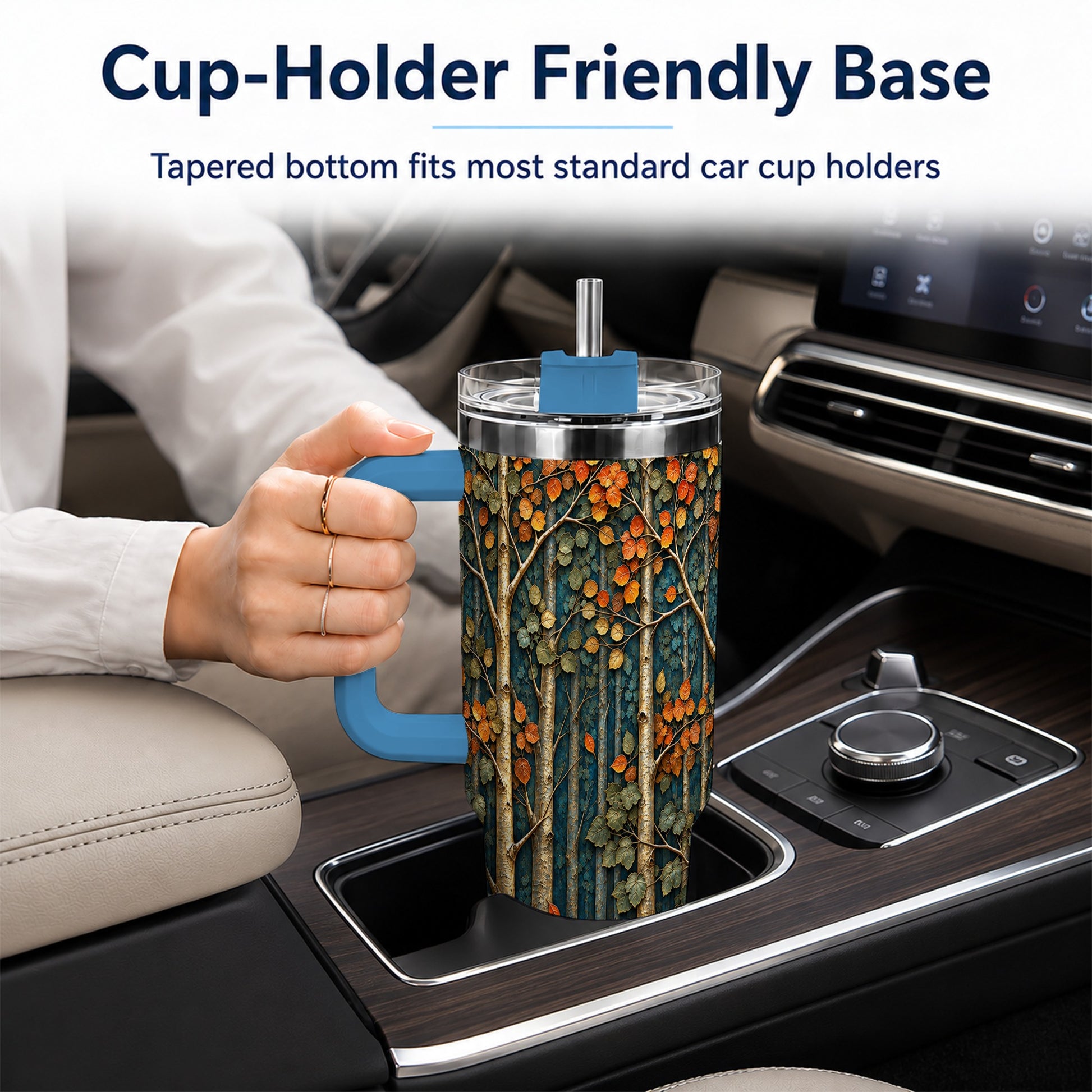 #pl[40oz|Blue] Autumn Birch Forest 40oz Tumbler with Handle, Fall Travel Cup
