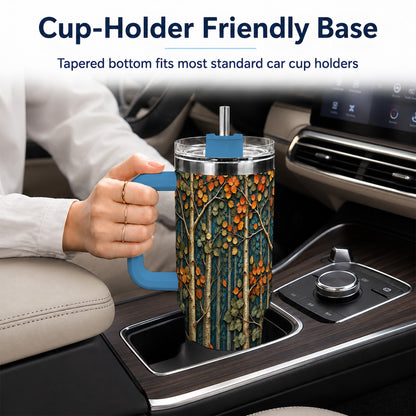 #pl[40oz|Blue] Autumn Birch Forest 40oz Tumbler with Handle, Fall Travel Cup