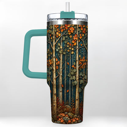 #pl[40oz|Green] Autumn Birch Forest 40oz Tumbler with Handle, Fall Travel Cup