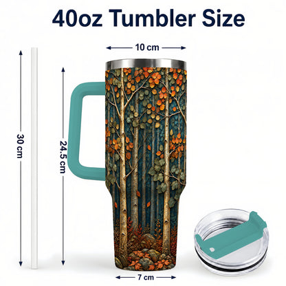 #pl[40oz|Green] Autumn Birch Forest 40oz Tumbler with Handle, Fall Travel Cup