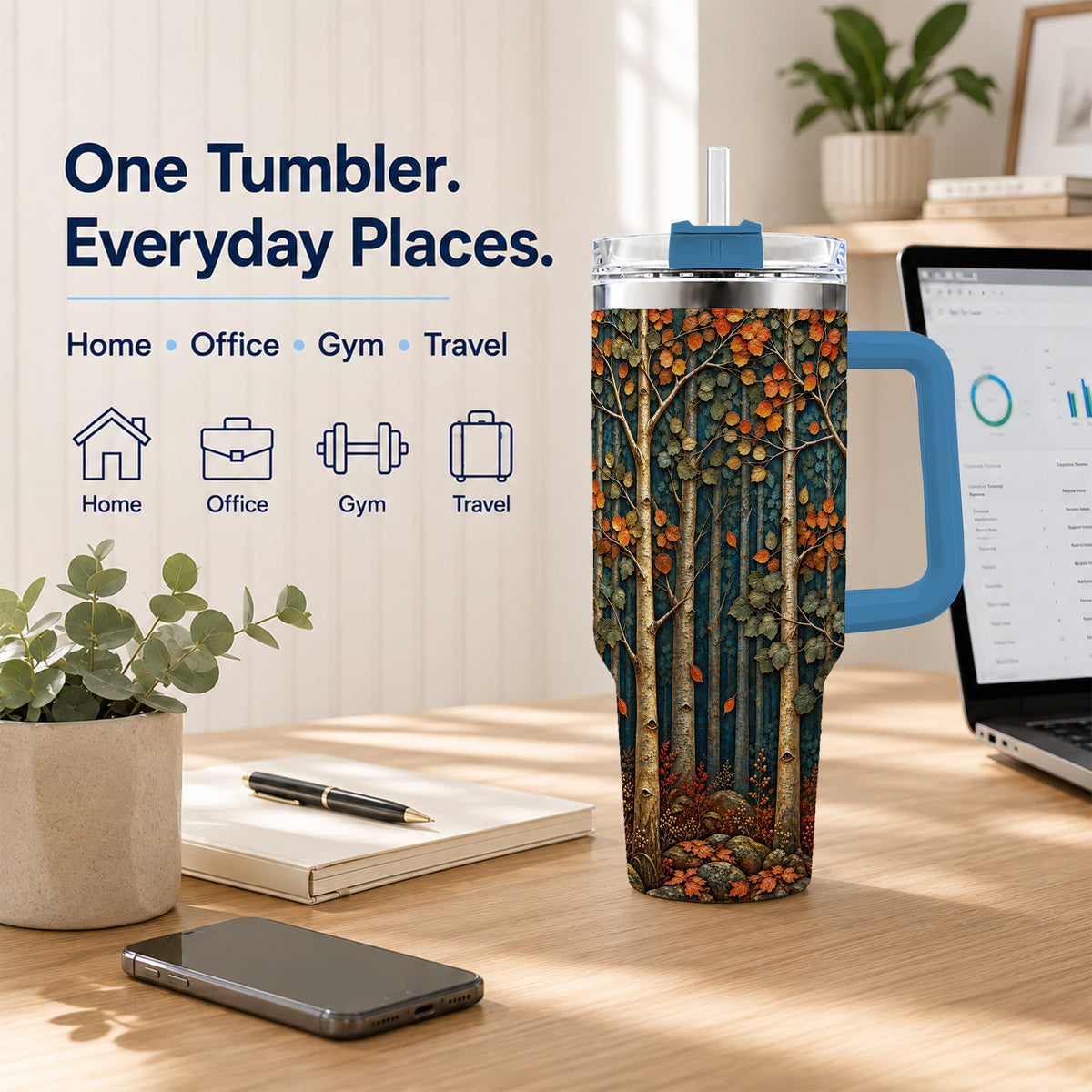 #pl[40oz|Blue] Autumn Birch Forest 40oz Tumbler with Handle, Fall Travel Cup