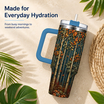 #pl[40oz|Blue] Autumn Birch Forest 40oz Tumbler with Handle, Fall Travel Cup