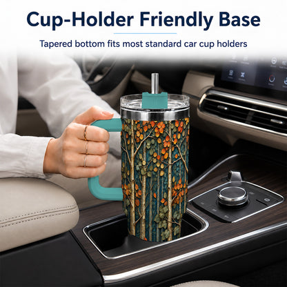 #pl[40oz|Green] Autumn Birch Forest 40oz Tumbler with Handle, Fall Travel Cup