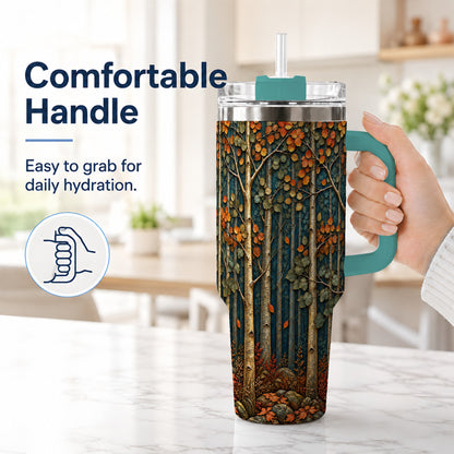 #pl[40oz|Green] Autumn Birch Forest 40oz Tumbler with Handle, Fall Travel Cup