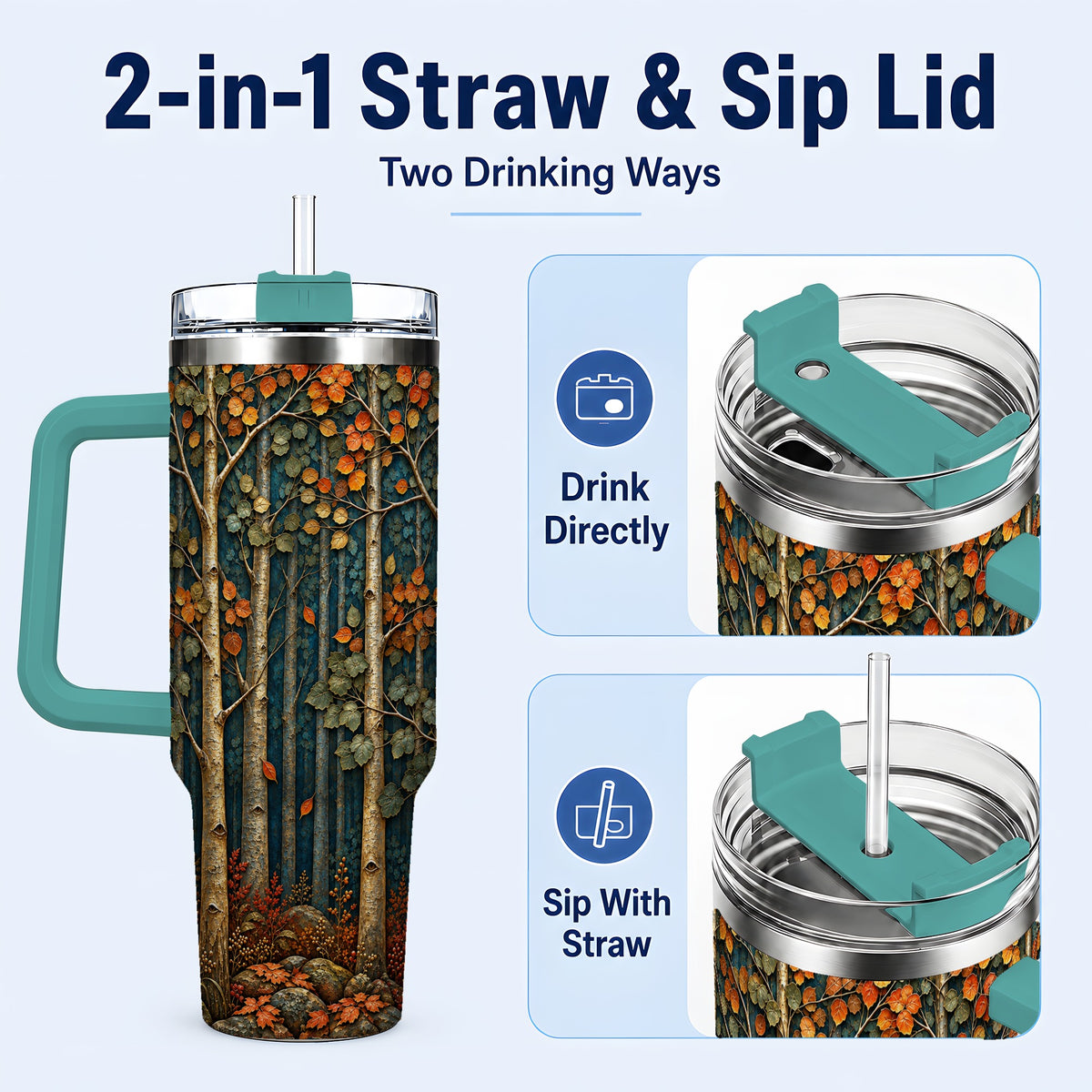 #pl[40oz|Green] Autumn Birch Forest 40oz Tumbler with Handle, Fall Travel Cup