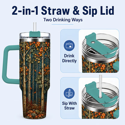 #pl[40oz|Green] Autumn Birch Forest 40oz Tumbler with Handle, Fall Travel Cup