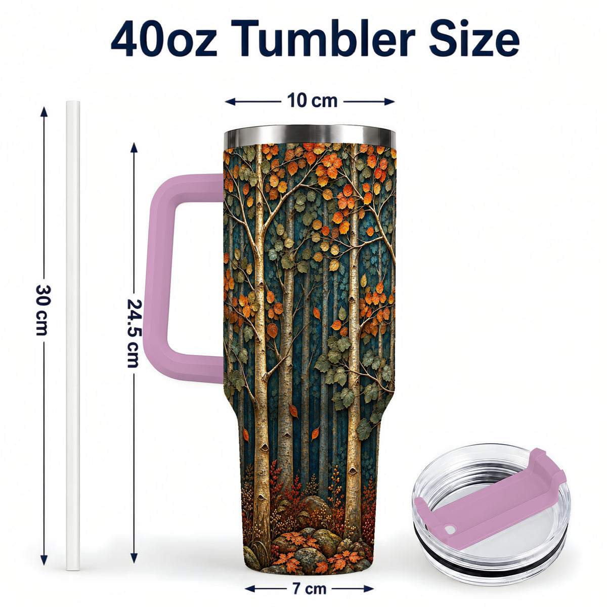 #pl[40oz|Pink] Autumn Birch Forest 40oz Tumbler with Handle, Fall Travel Cup