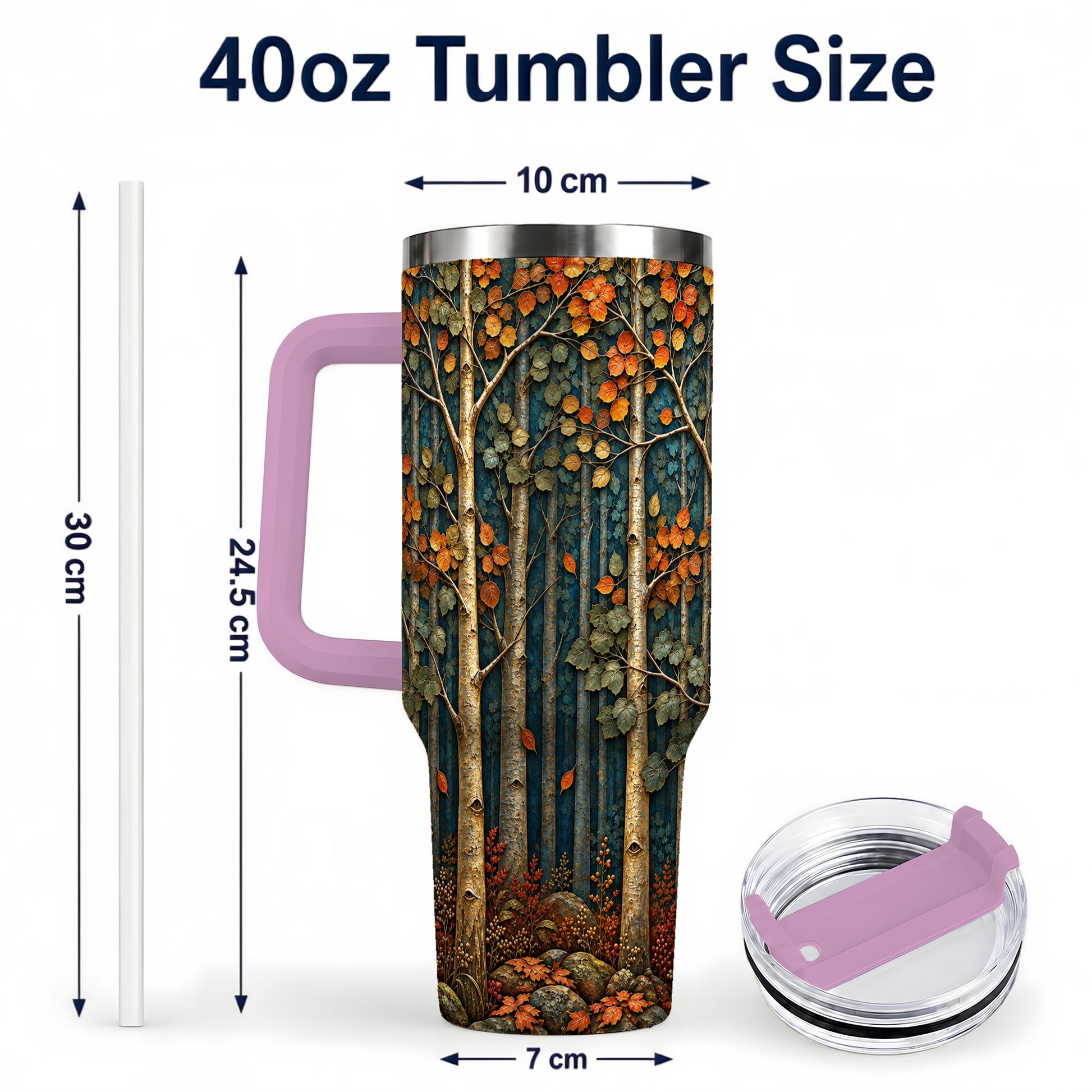 #pl[40oz|Pink] Autumn Birch Forest 40oz Tumbler with Handle, Fall Travel Cup