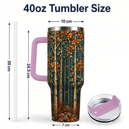 #pl[40oz|Pink] Autumn Birch Forest 40oz Tumbler with Handle, Fall Travel Cup