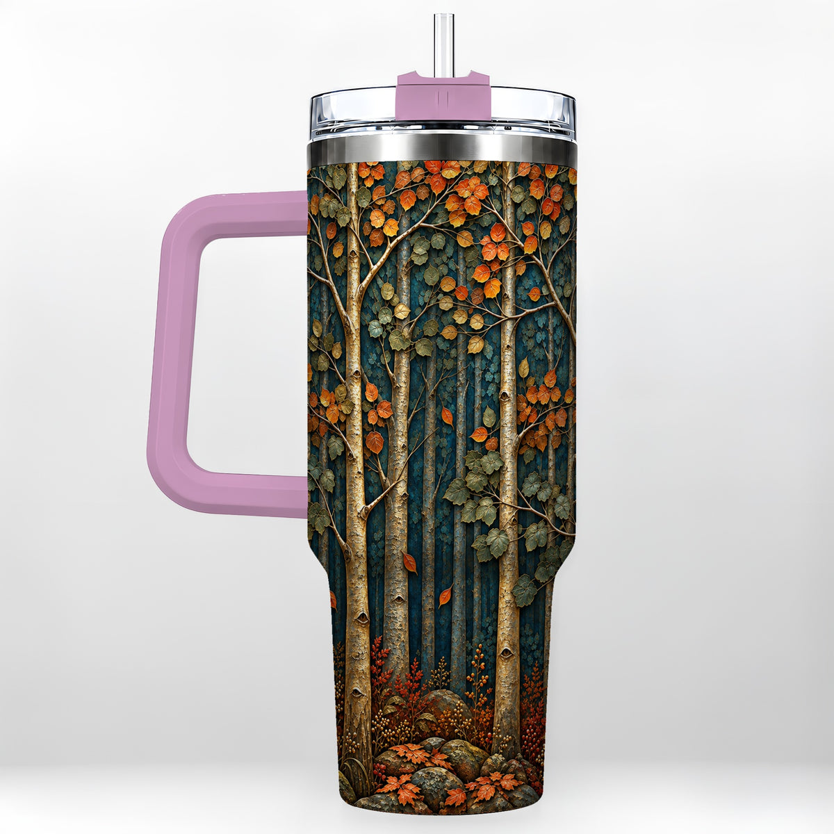 #pl[40oz|Pink] Autumn Birch Forest 40oz Tumbler with Handle, Fall Travel Cup