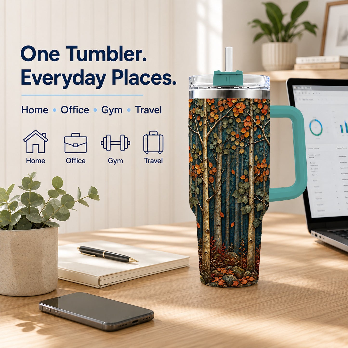 #pl[40oz|Green] Autumn Birch Forest 40oz Tumbler with Handle, Fall Travel Cup