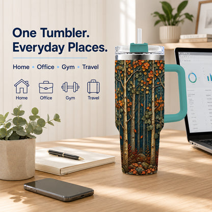 #pl[40oz|Green] Autumn Birch Forest 40oz Tumbler with Handle, Fall Travel Cup