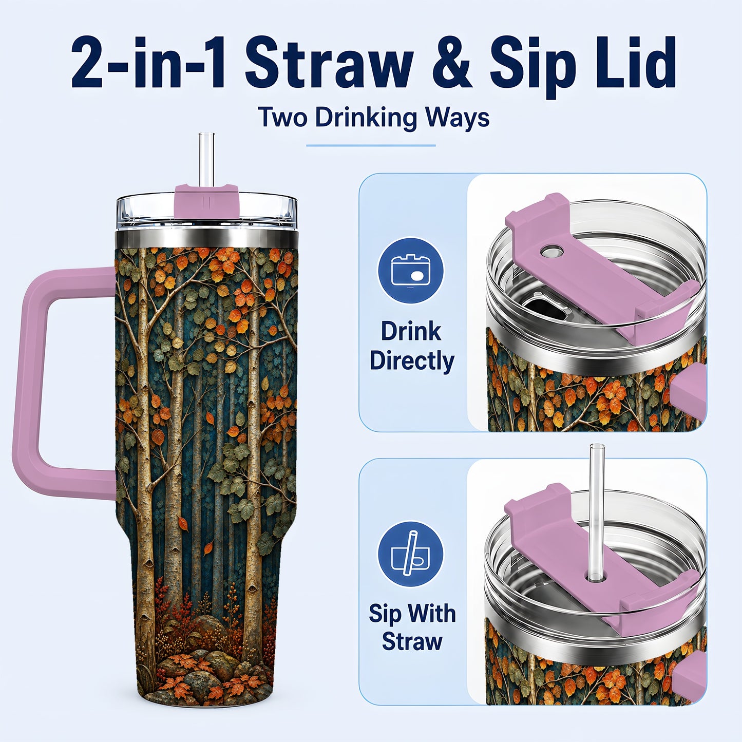 #pl[40oz|Pink] Autumn Birch Forest 40oz Tumbler with Handle, Fall Travel Cup