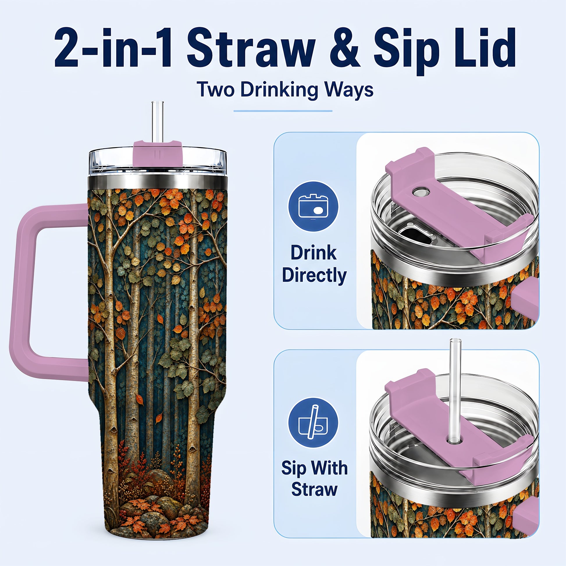 #pl[40oz|Pink] Autumn Birch Forest 40oz Tumbler with Handle, Fall Travel Cup