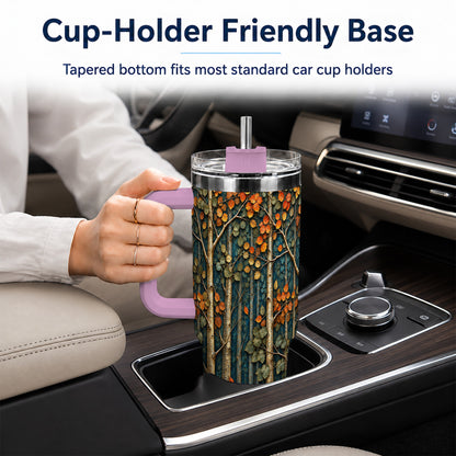 #pl[40oz|Pink] Autumn Birch Forest 40oz Tumbler with Handle, Fall Travel Cup