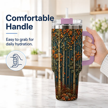 #pl[40oz|Pink] Autumn Birch Forest 40oz Tumbler with Handle, Fall Travel Cup
